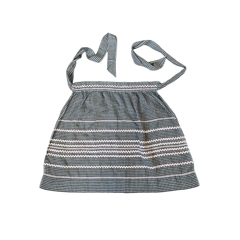 Vintage Handmade Black White Gingham Smocked Half Apron Red Trim Retro 50s Style